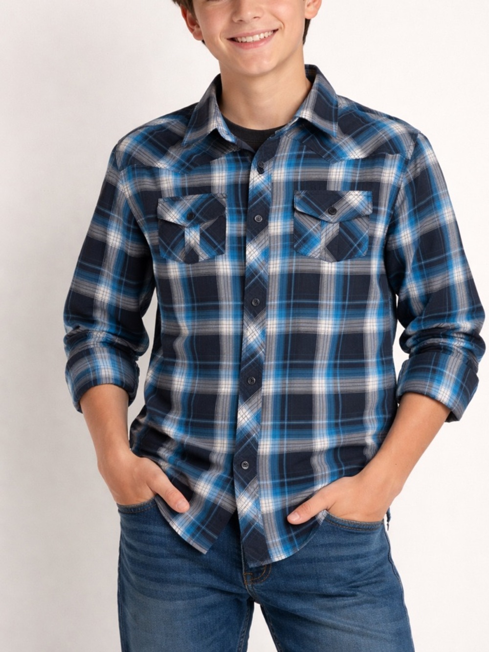 Black and Blue Plaid Button-Down Shirt